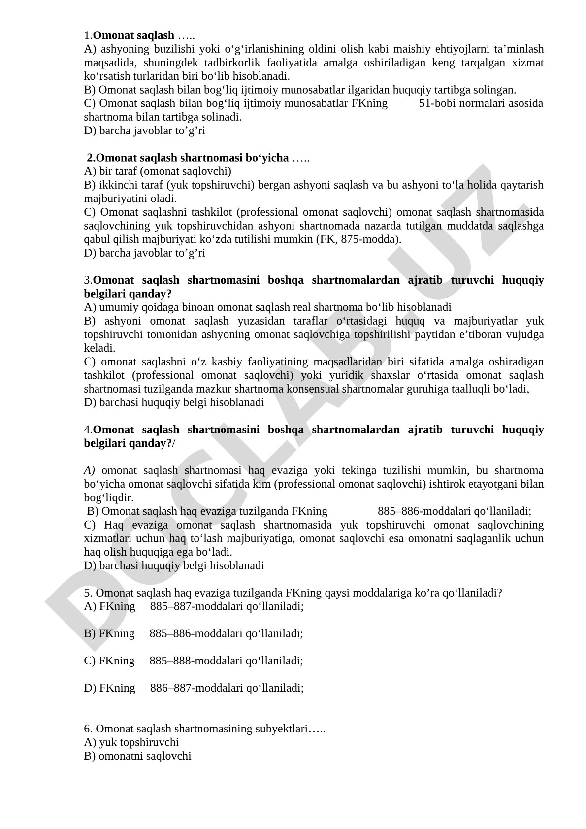 Omonat saqlash shartnomasi bo'yicha test savollari