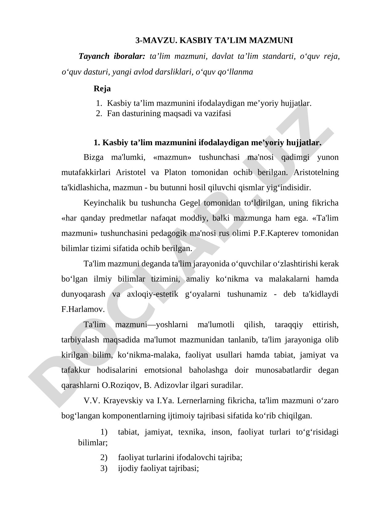 Kasbiy ta’lim mazmuni, me’yoriy hujjatlar va fan dasturi maqsadi haqida