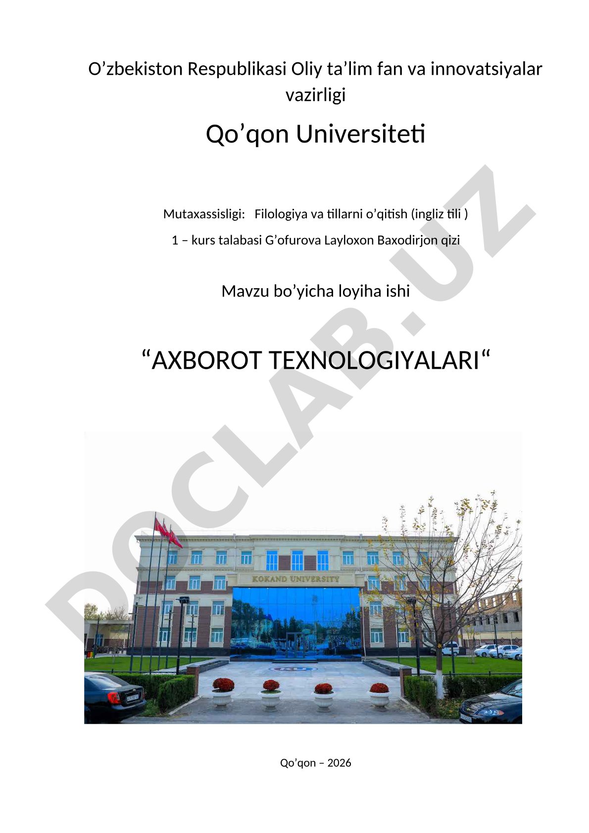 Loyiha ishi: axborot texnologiyalari, ariza namunasi va talabalar jadvali