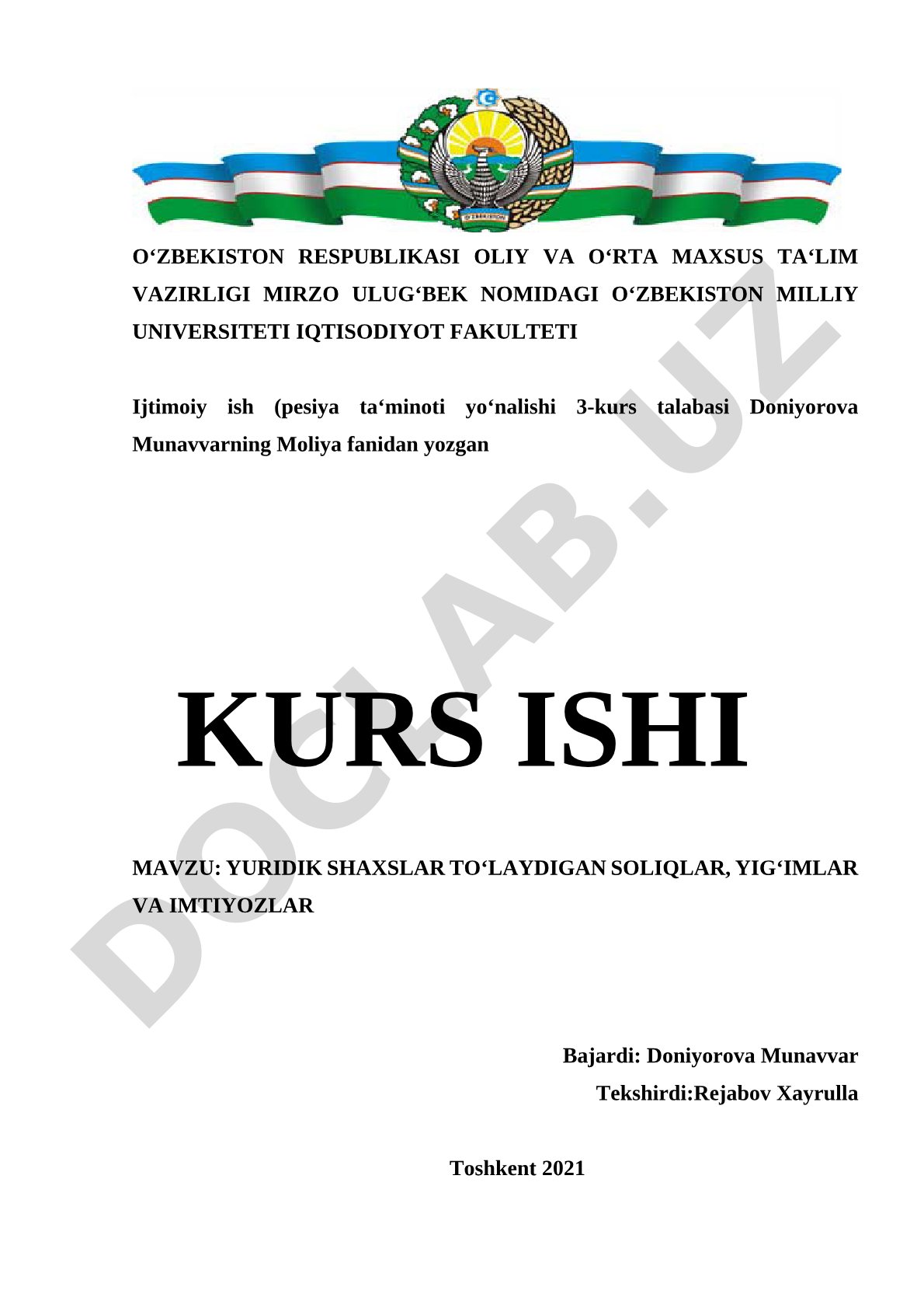 Yuridik shaxslar to'laydigan soliqlar, yig'imlar va imtiyozlar