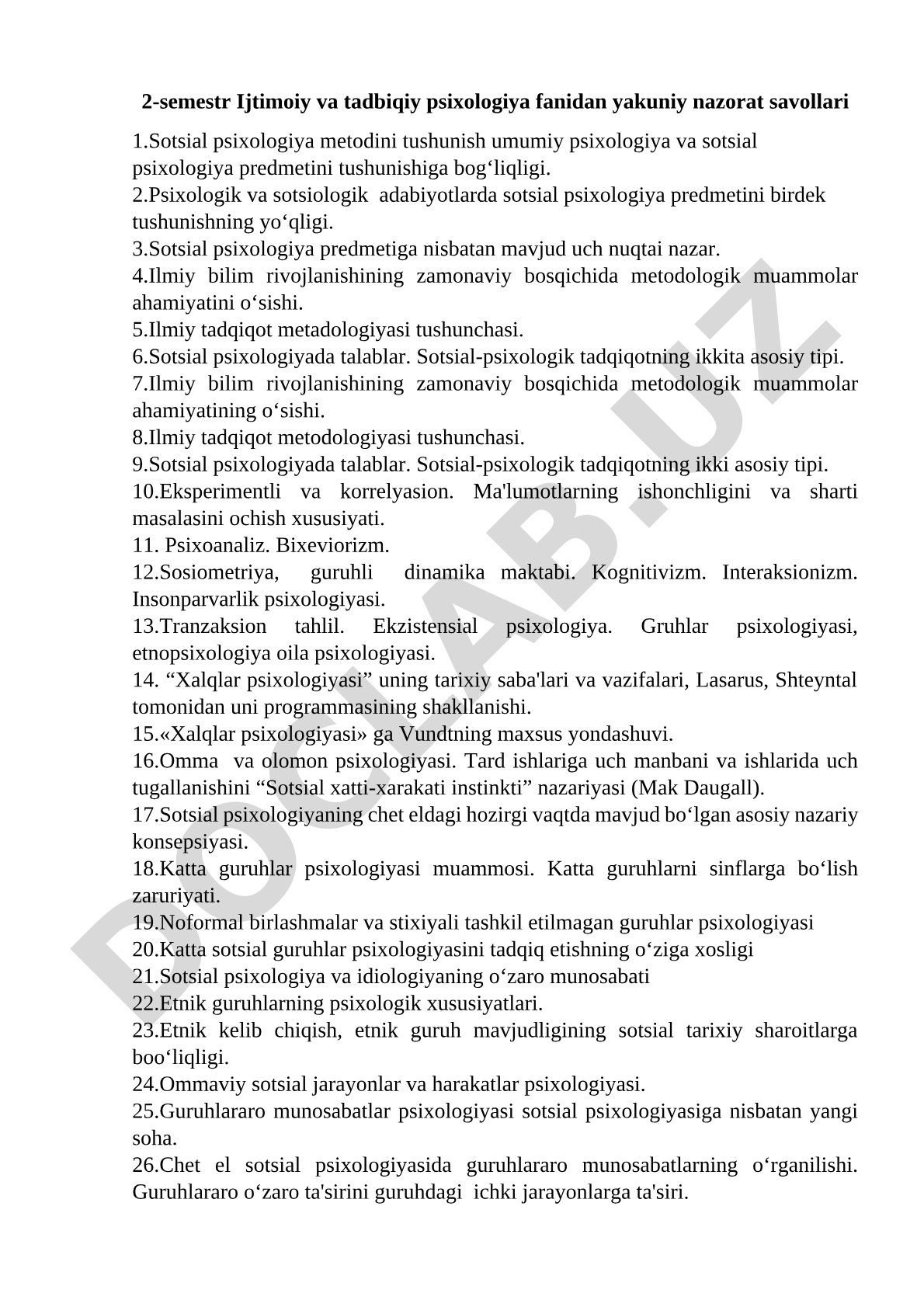 2-semestr Ijtimoiy va tadbiqiy psixologiya fanidan yakuniy nazorat savollari