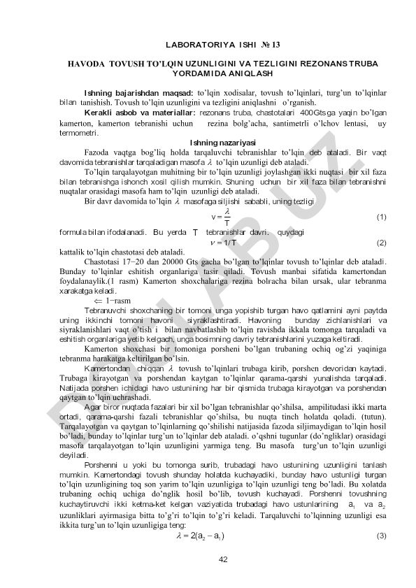 Havoda tovush to'lqin uzunligi va tezligini rezonans truba yordamida aniqlash