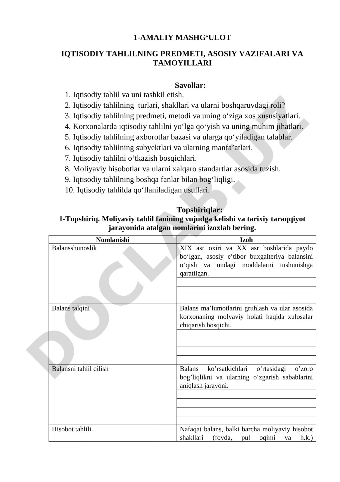 Iqtisodiy tahlilning predmeti, asosiy vazifalari va tamoyillari