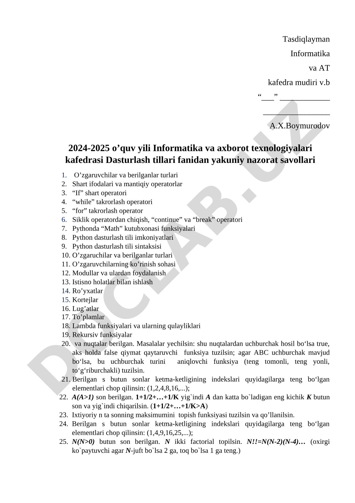 Dasturlash tillari fanidan yakuniy nazorat savollari