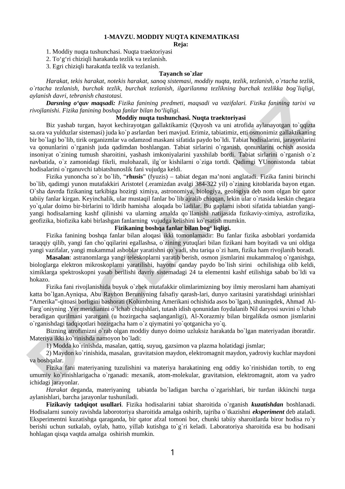 Moddiy nuqta kinematikasi: traektoriya, tezlik, tezlanish, egri chiziqli harakat
