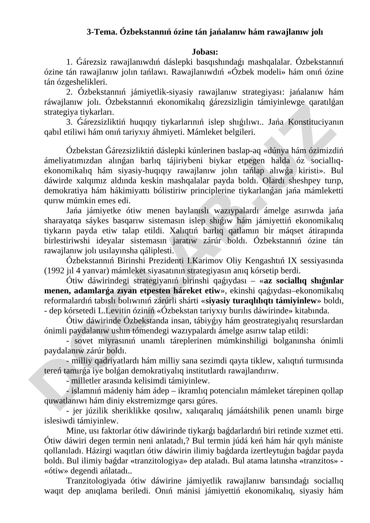 Ózbekstannıń ózine tán jańalanıw hám rawajlanıw jolı