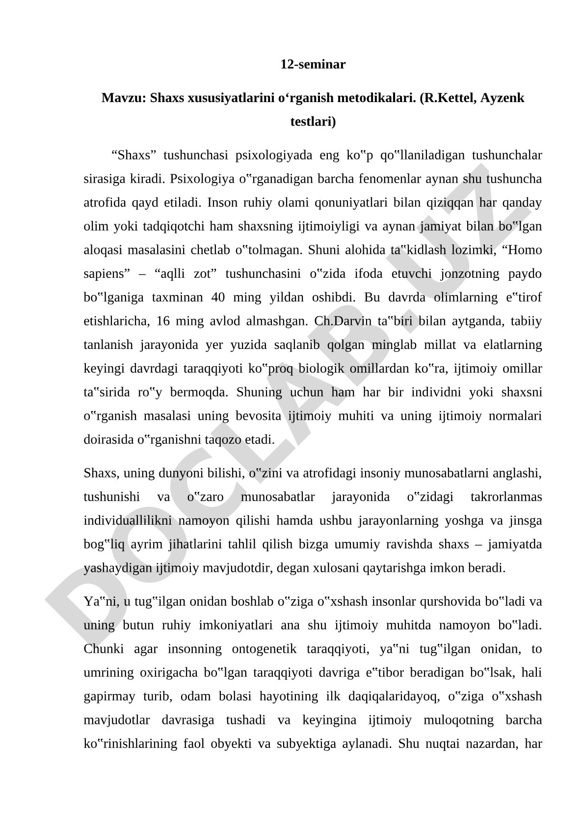 Shaxs xususiyatlarini o‘rganish metodikalari (R.Kettel, Ayzenk testlari)