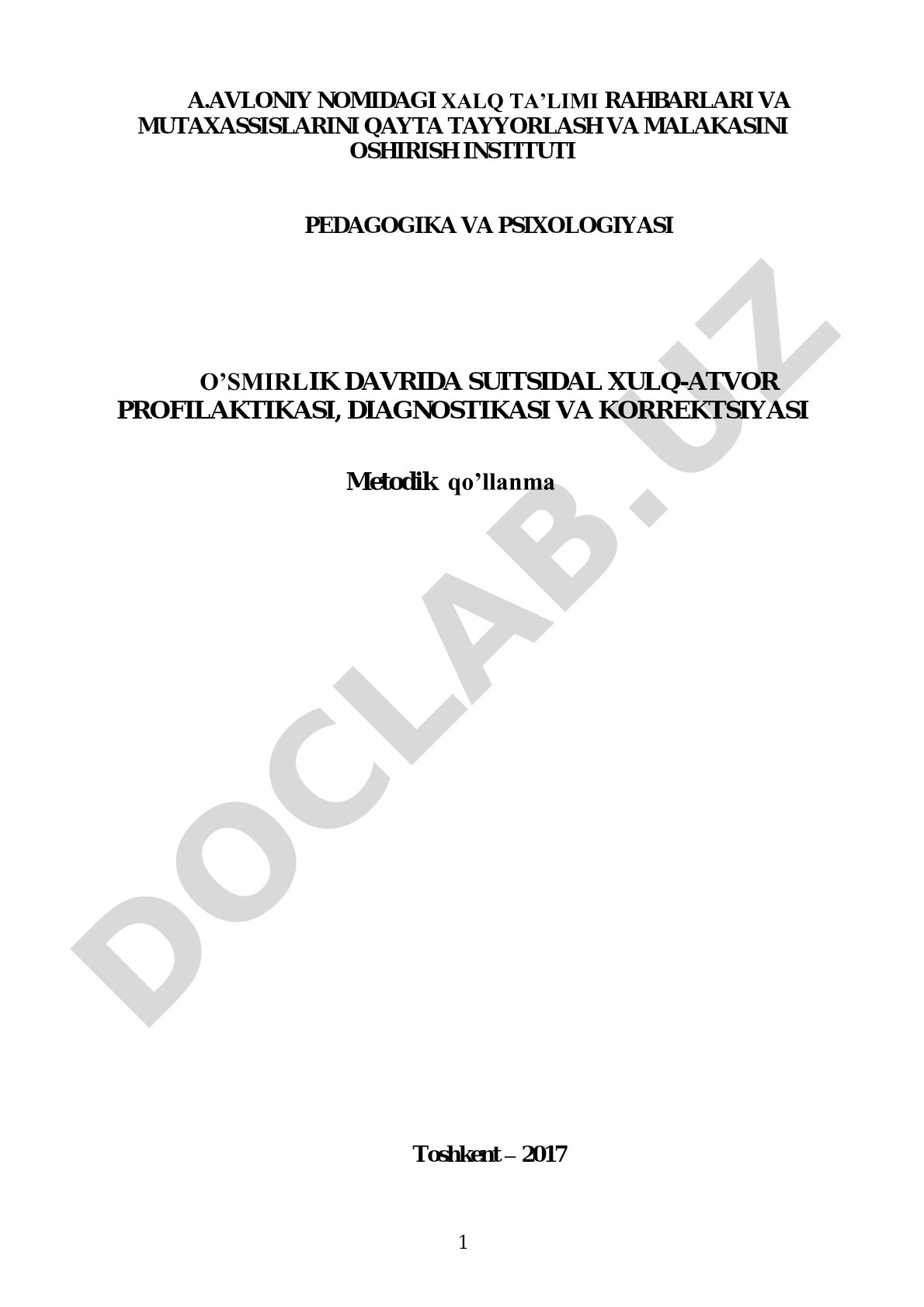 O’smirlik davrida suitsidal xulq-atvor profilaktikasi, diagnostikasi va korreksiyasi