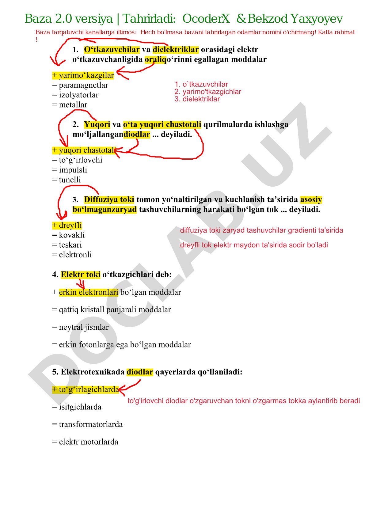 Yarimo'tkazgichlar va diodlar bo'yicha test savollari