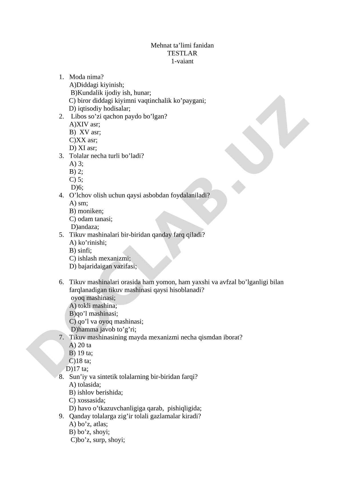 Mehnat ta’limi fanidan TESTLAR 1-variant