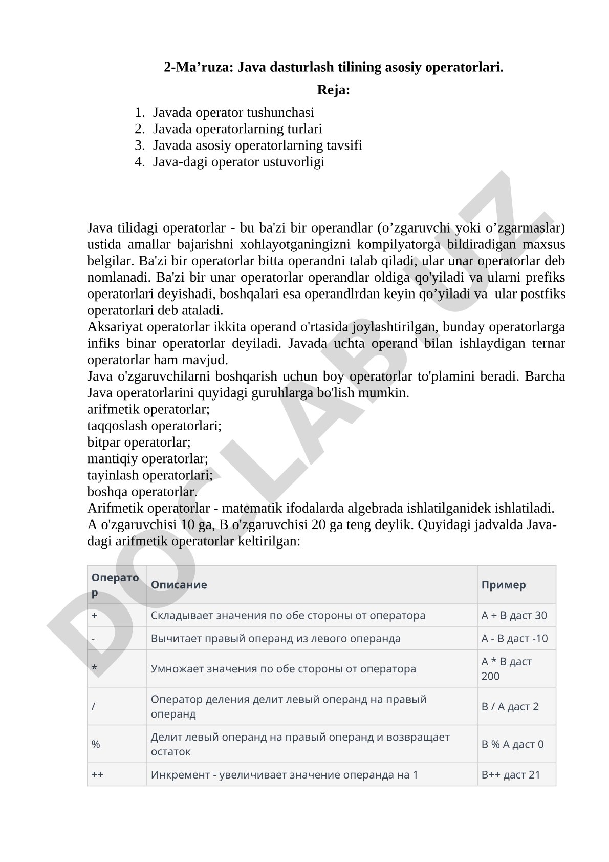 Java dasturlash tilining asosiy operatorlari