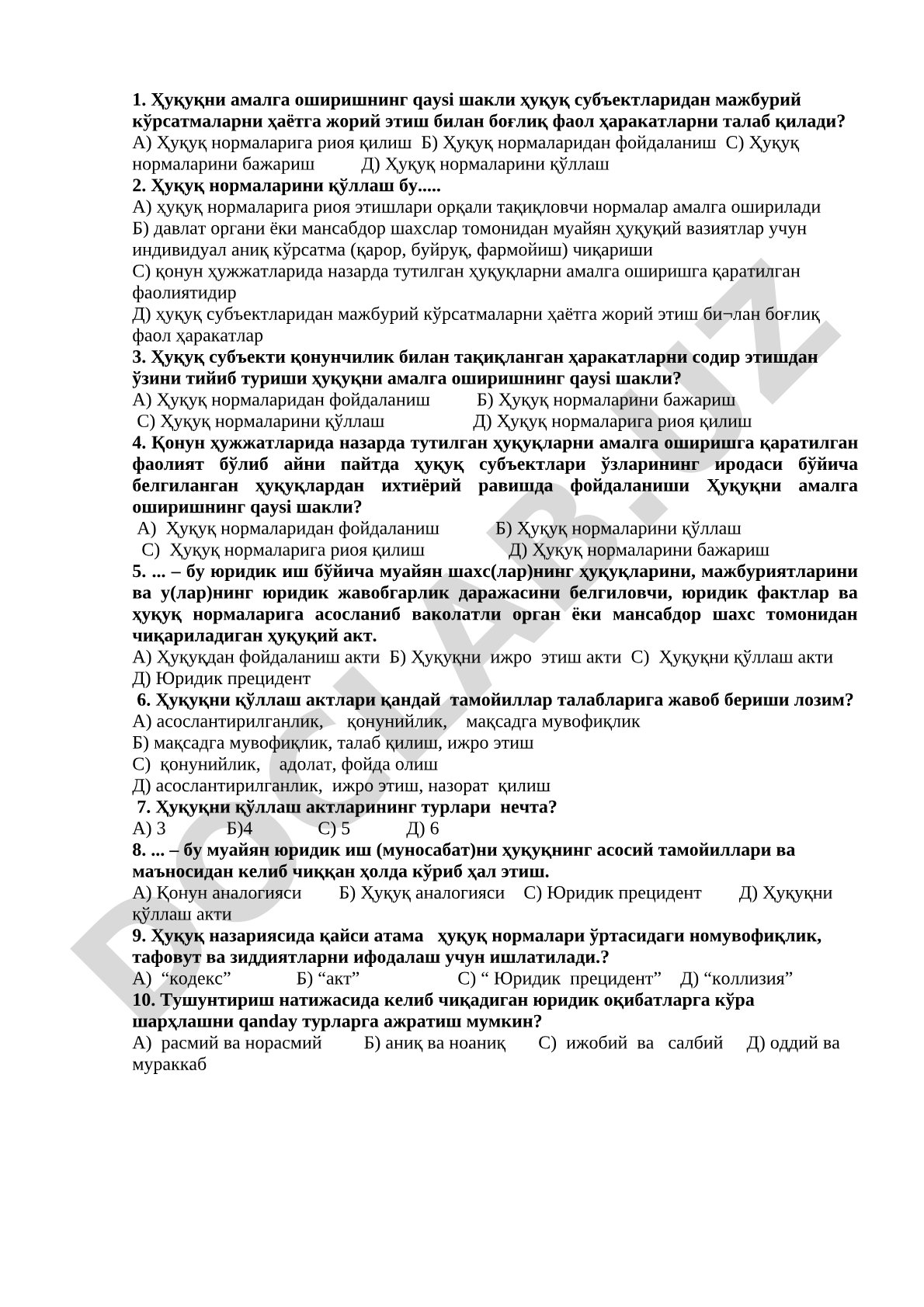 Huquqni amalga oshirish shakllari test savollari