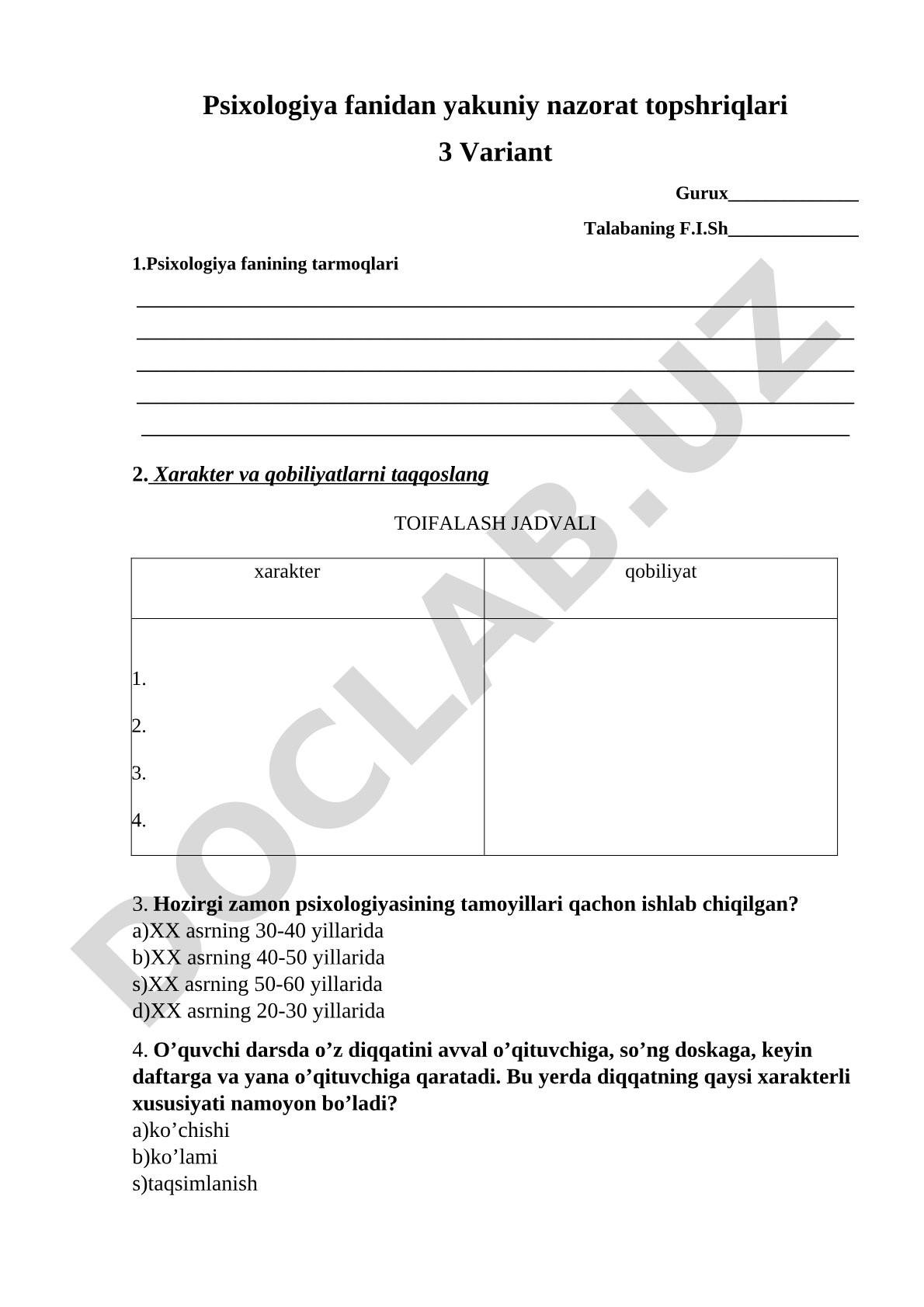 Psixologiya fanidan yakuniy nazorat topshriqlari 3 variant