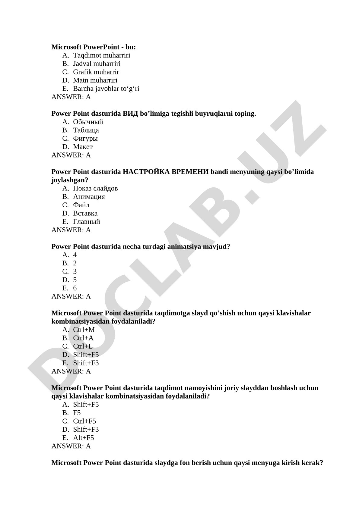 Microsoft PowerPoint test savollari