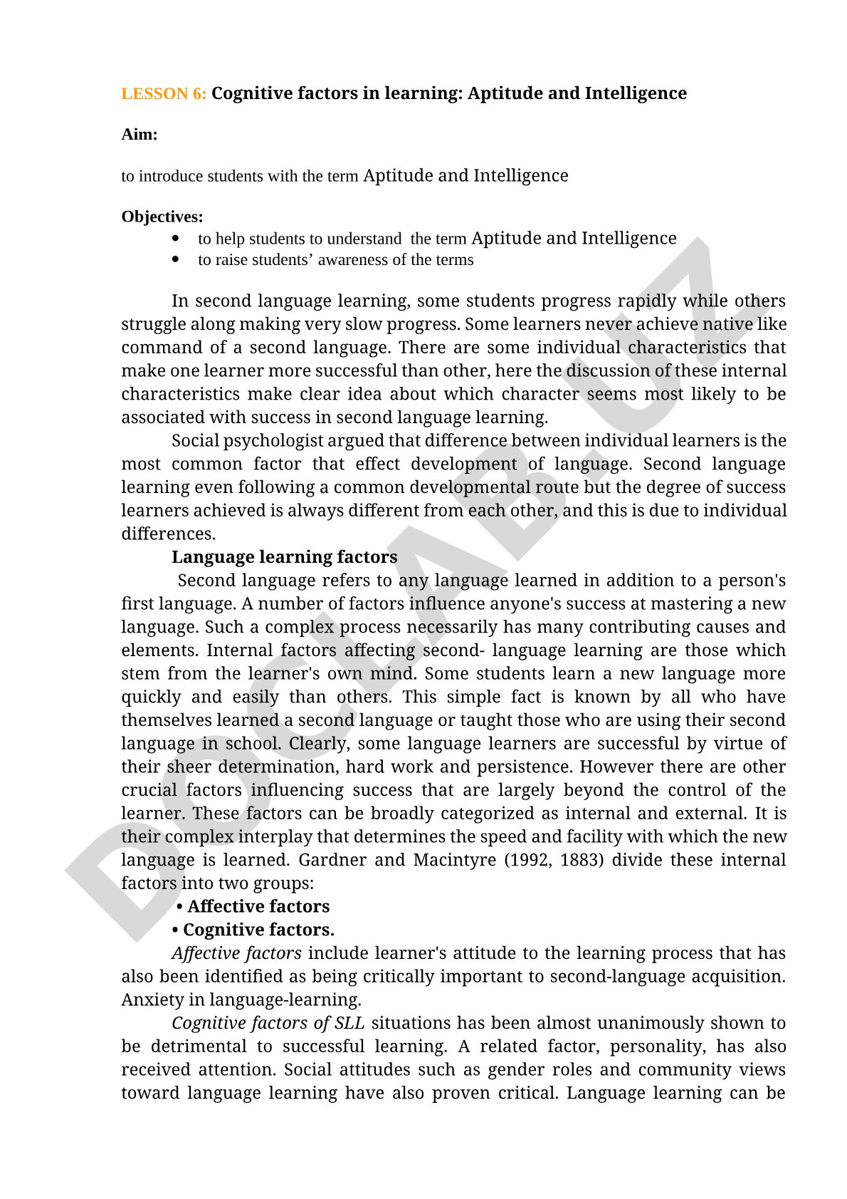 Cognitive factors in learning: Aptitude and Intelligence