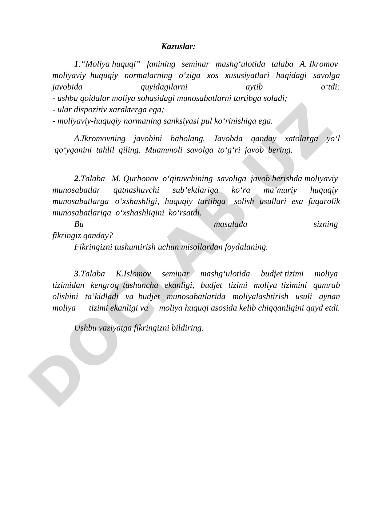 Moliya huquqi fanidan kazuslar