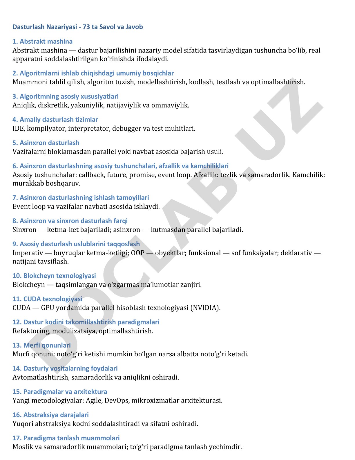 Dasturlash Nazariyasi - 73 ta Savol va Javob