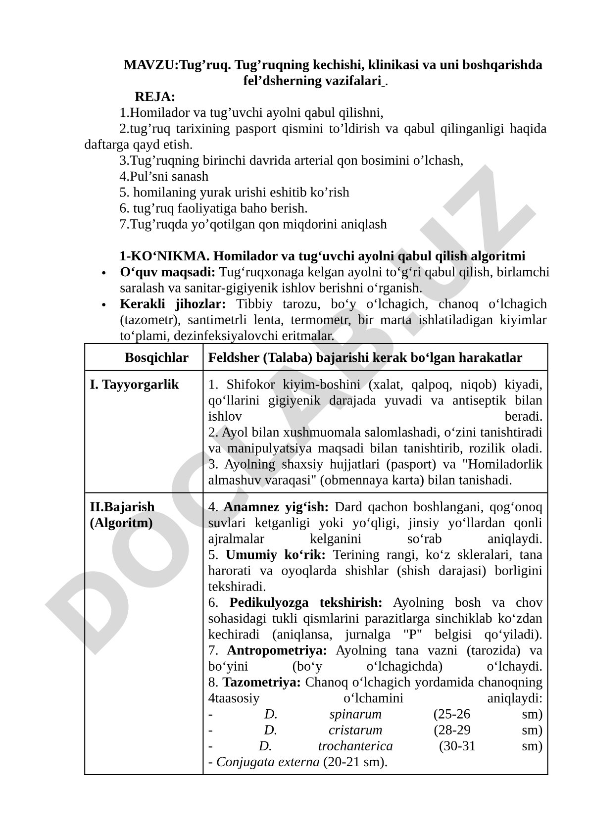 Tug'ruq. Tug'ruqning kechishi, klinikasi va uni boshqarishda fel'dsherning vazifalari