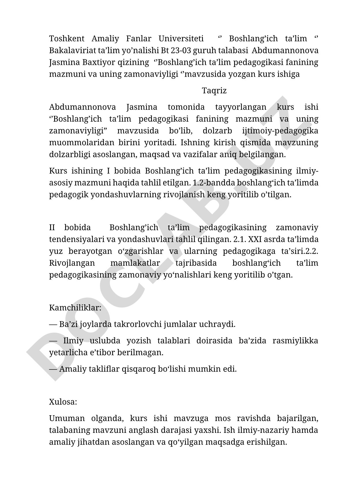 Boshlang’ich ta’lim pedagogikasi fanining mazmuni va uning zamonaviyligi