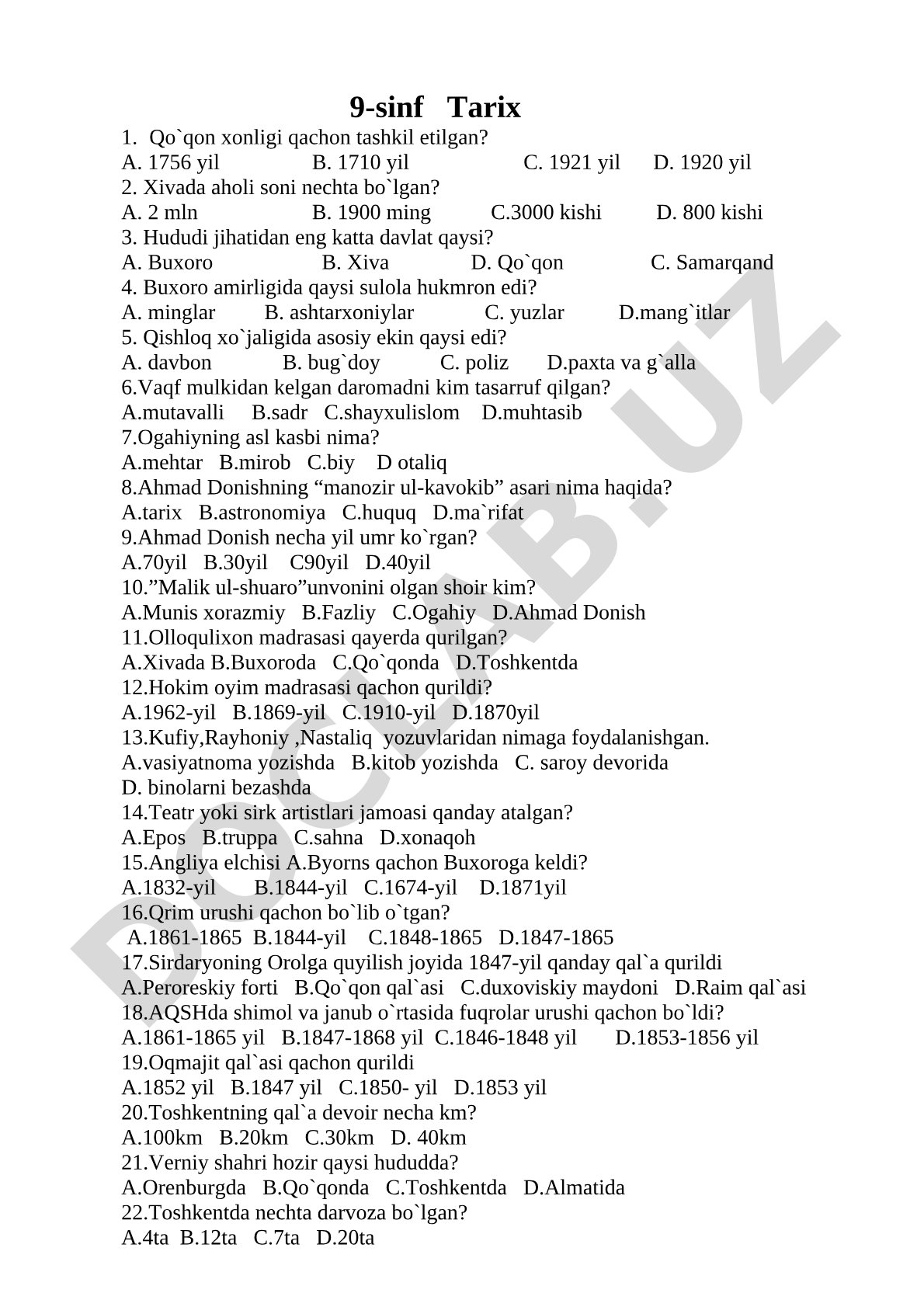 Qo'qon, Xiva va Buxoro tarixiga oid test savollari