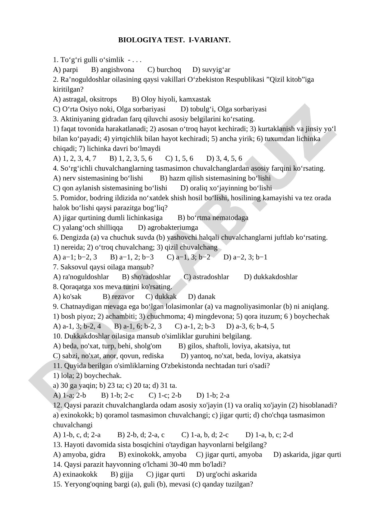 Biologiya test I-variant