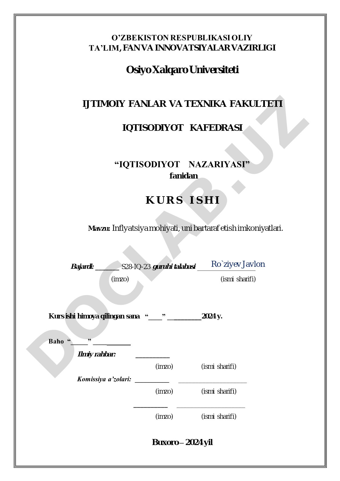 Inflyatsiya mohiyati, uni bartaraf etish imkoniyatlari.