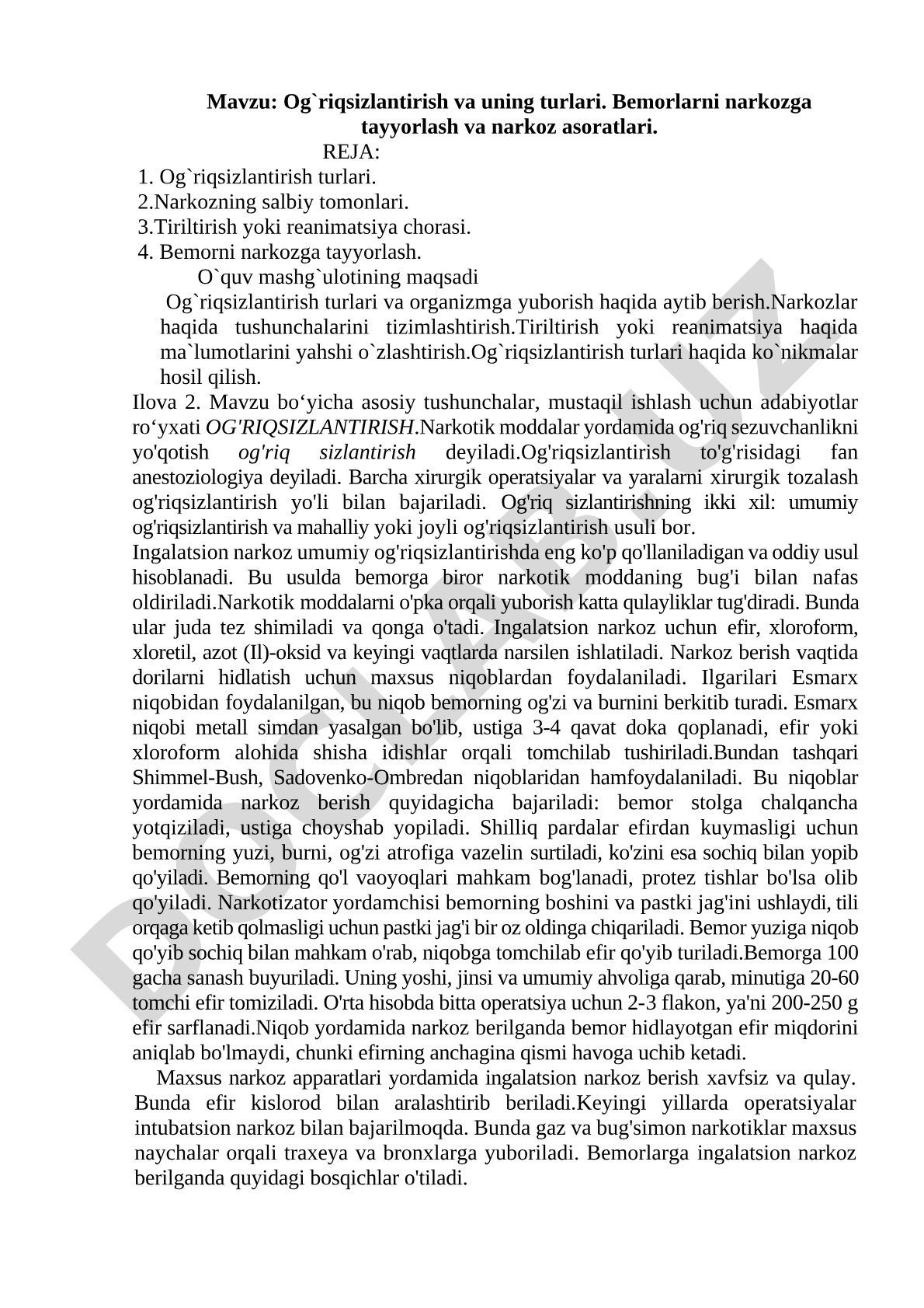 Og'riqsizlantirish va uning turlari. Bemorlarni narkozga tayyorlash va narkoz asoratlari