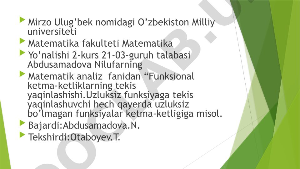 Funksional ketma-ketliklarning tekis yaqinlashishi va uzluksiz funksiyalar