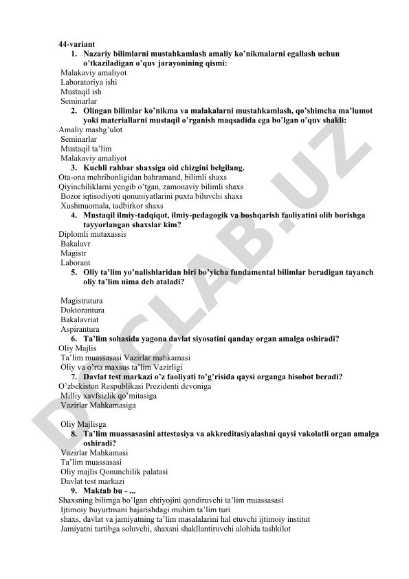 Oliy ta'lim jarayonlari va tushunchalari test savollari