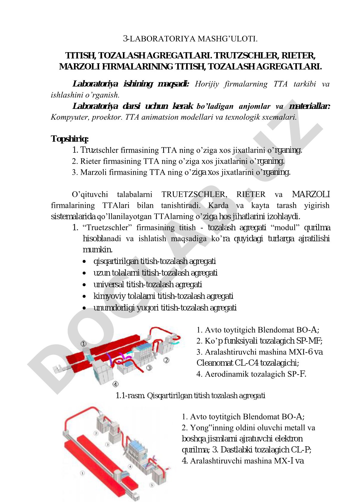 Titish, tozalash agregatlari: Trutzschler, Rieter, Marzoli firmalari