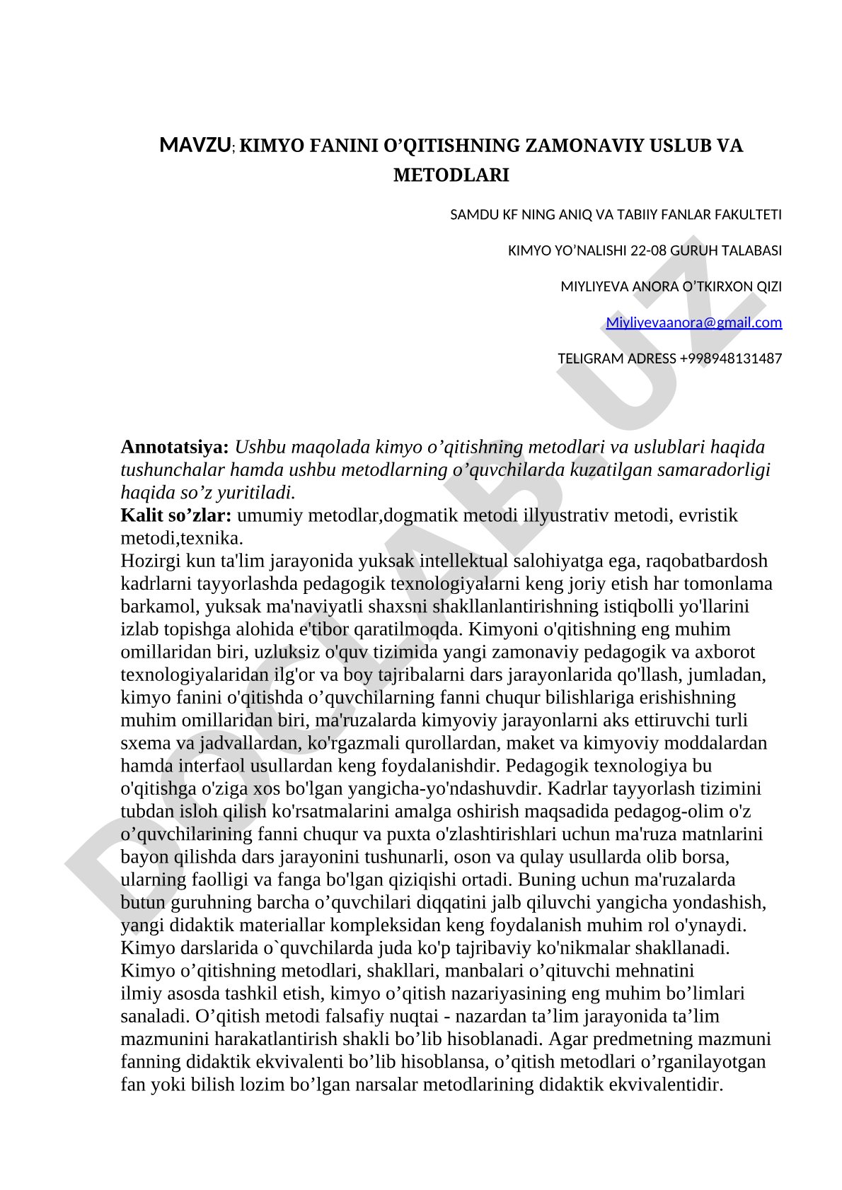KIMYO FANINI O’QITISHNING ZAMONAVIY USLUB VA METODLARI