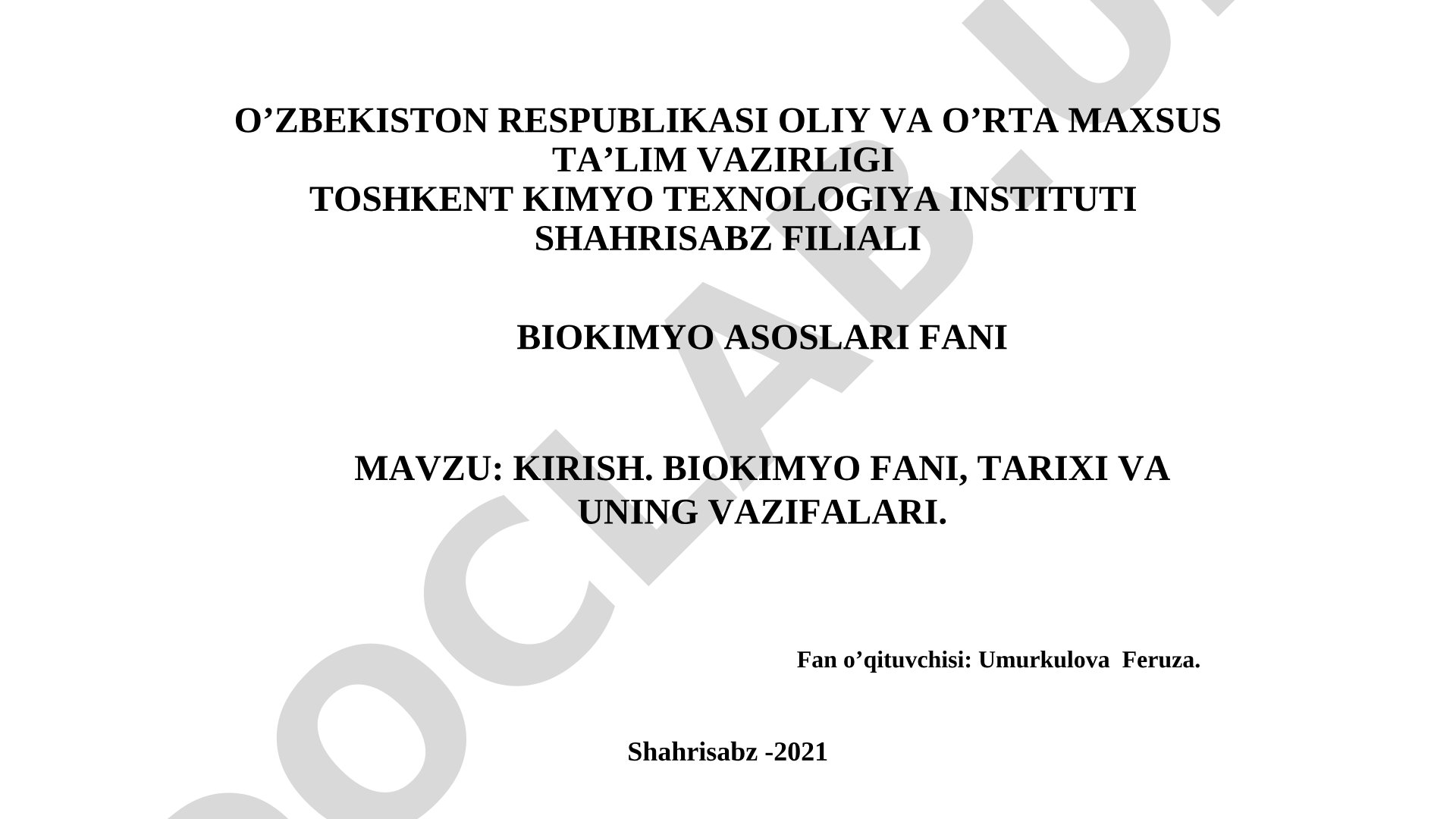 Biokimyo fani, tarixi va uning vazifalari