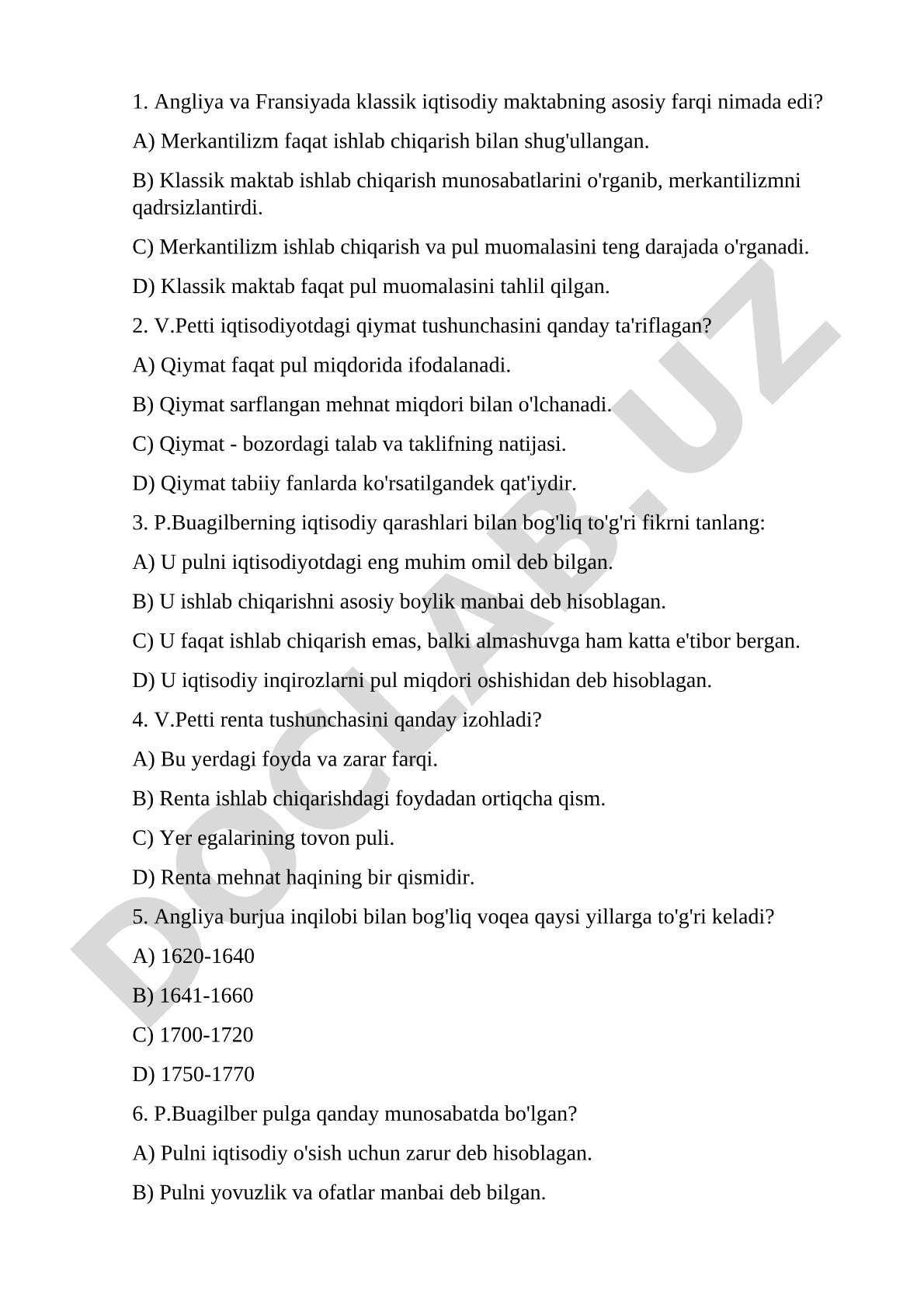 Klassik iqtisodiy maktab bo'yicha test savollari