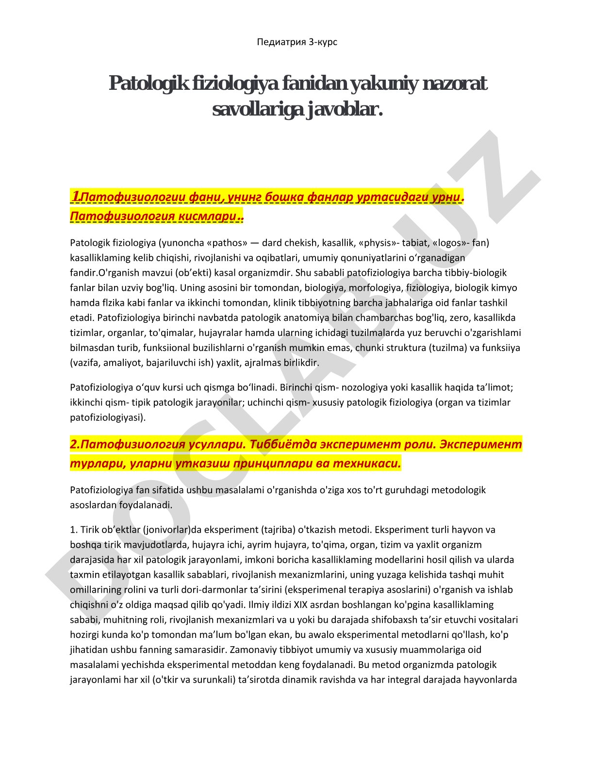 Pediatriya 3-kurs Patologik fiziologiya fanidan yakuniy nazorat savollariga javoblar