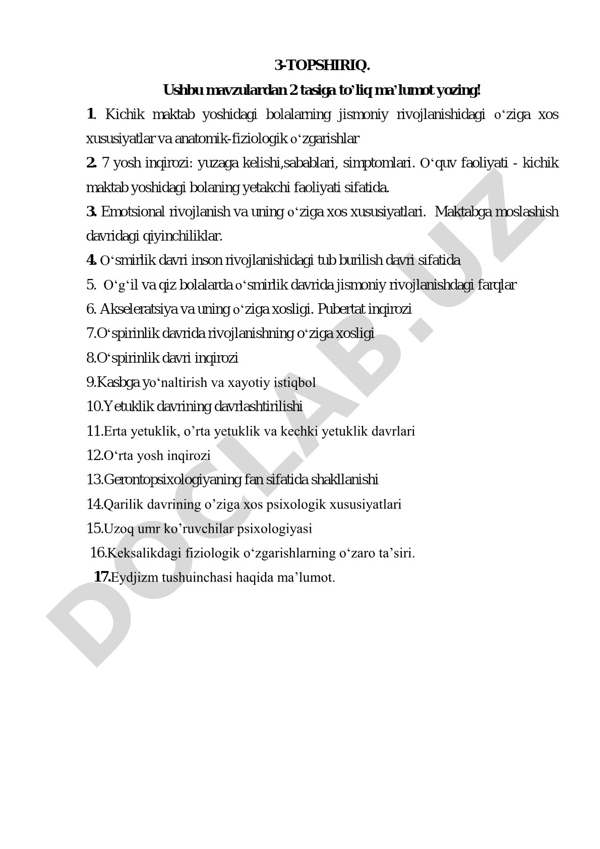 Yosh davrlari psixologiyasi mavzulari