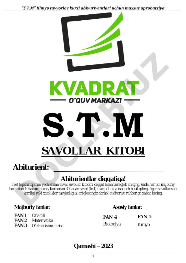 S.T.M Kimyo tayyorlov kursi abituriyentlari uchun test savollari