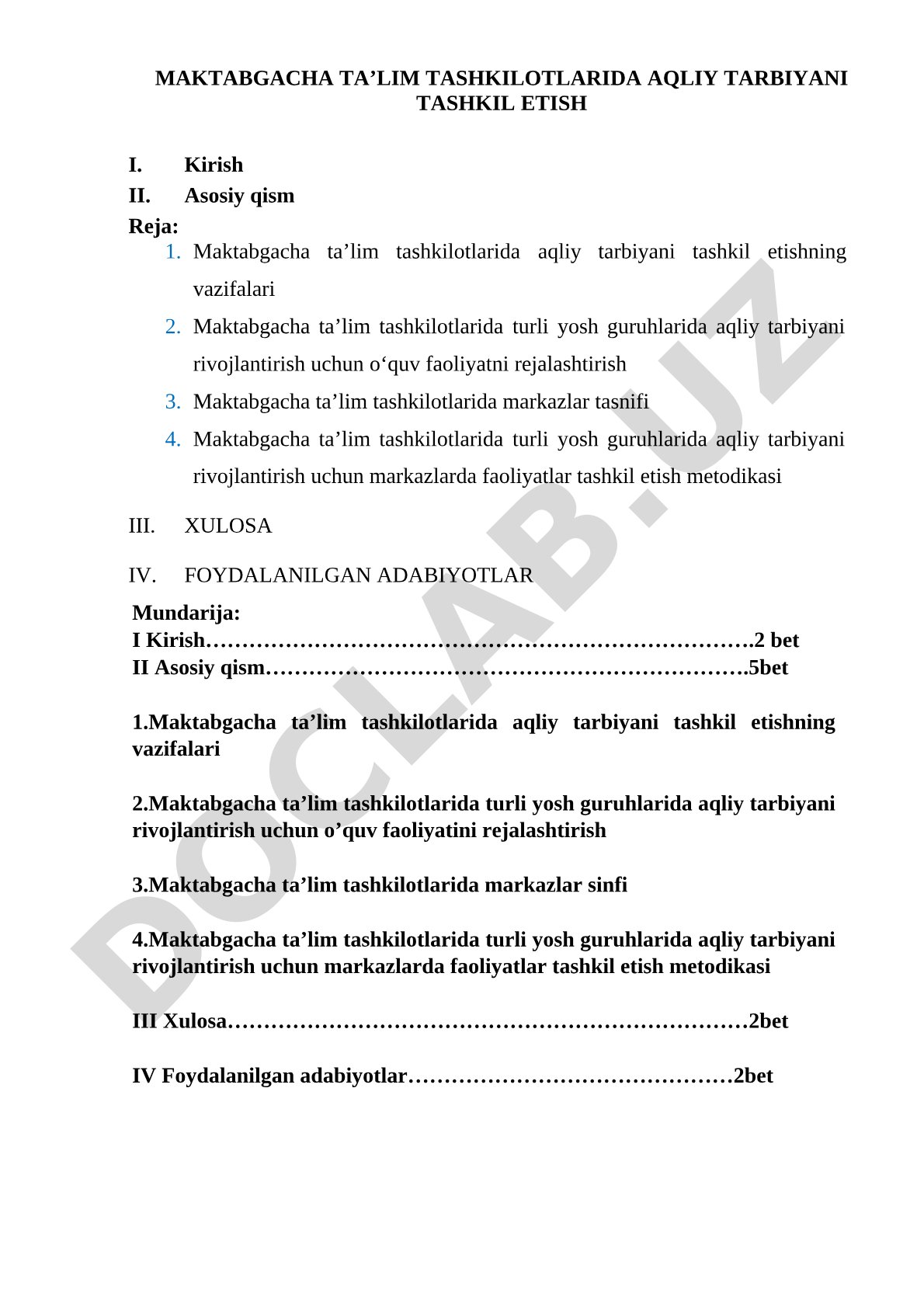 Maktabgacha ta’lim tashkilotlarida aqliy tarbiyani tashkil etish