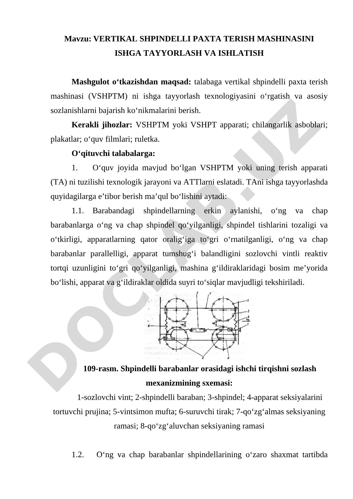 Vertikal shpindelli paxta terish mashinasini ishga tayyorlash va ishlatish