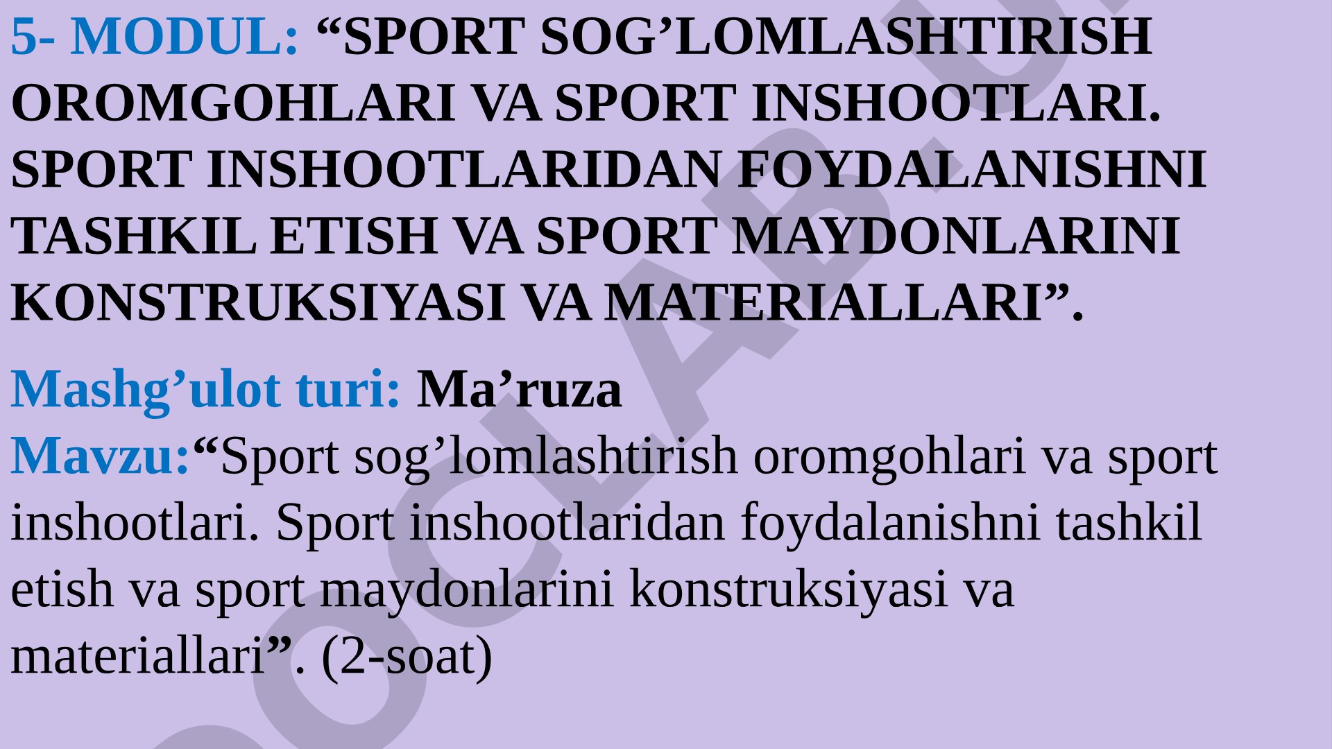 Sport sog'lomlashtirish oromgohlari va sport inshootlari. Sport inshootlaridan foydalanishni tashkil etish va sport maydonlarini konstruksiyasi va materiallari