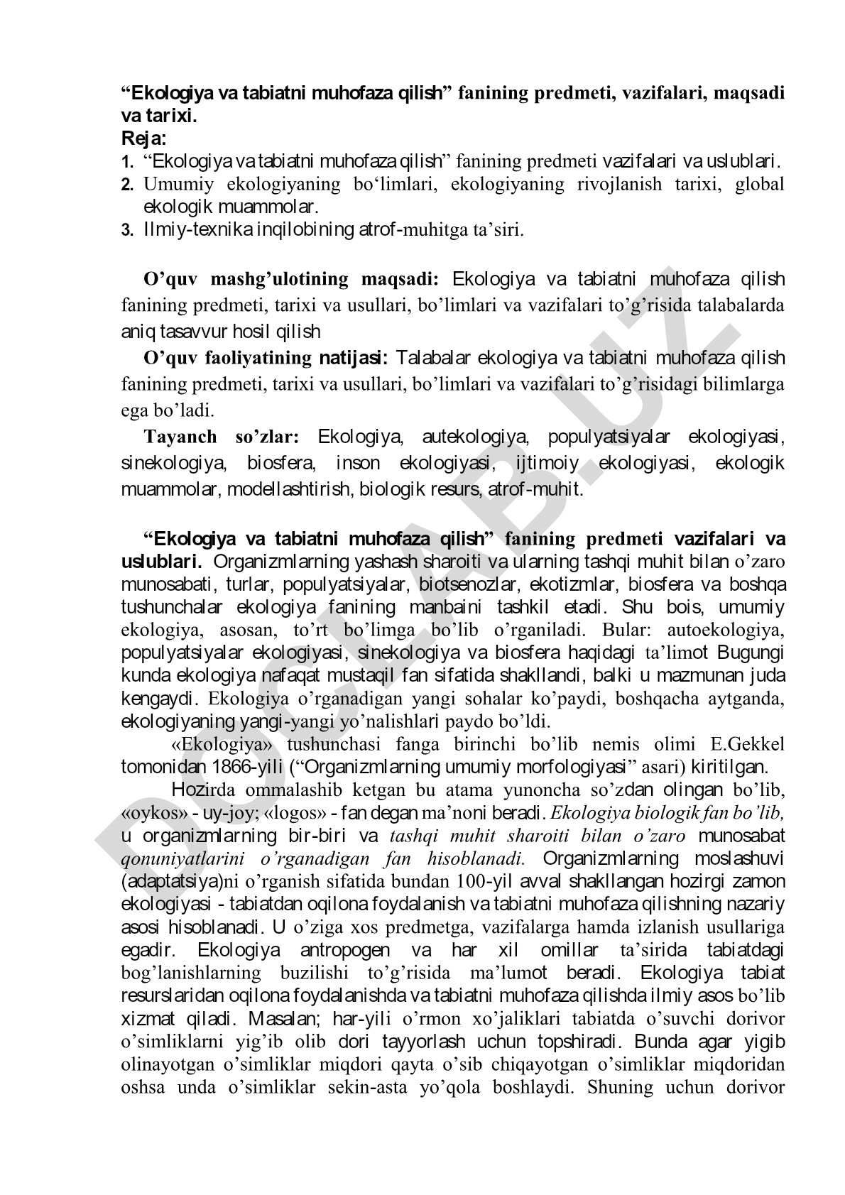 Ekologiya va tabiatni muhofaza qilish fanining predmeti, vazifalari va tarixi