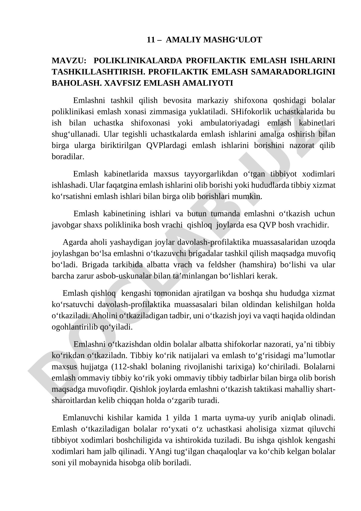 Poliklinikalarda profilaktik emlash ishlarini tashkillashtirish