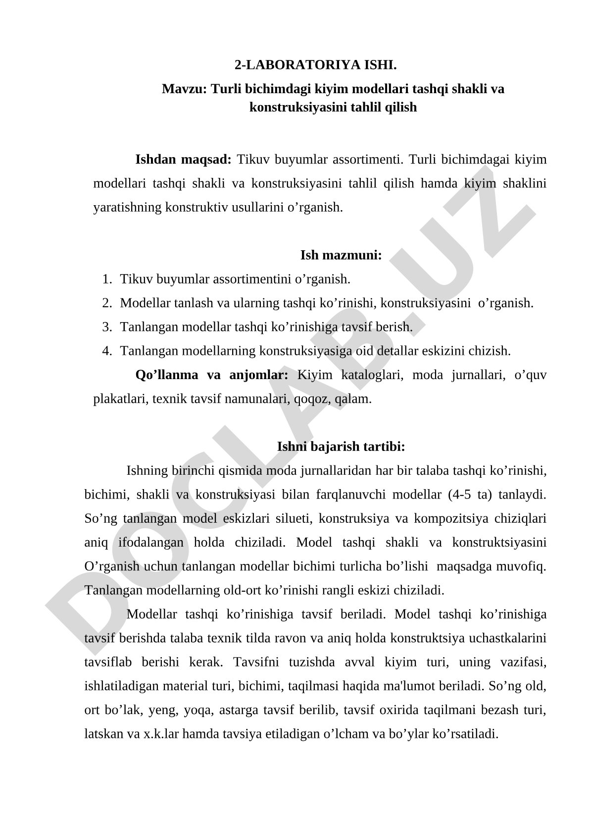 Turli bichimdagi kiyim modellari tashqi shakli va konstruksiyasini tahlil qilish