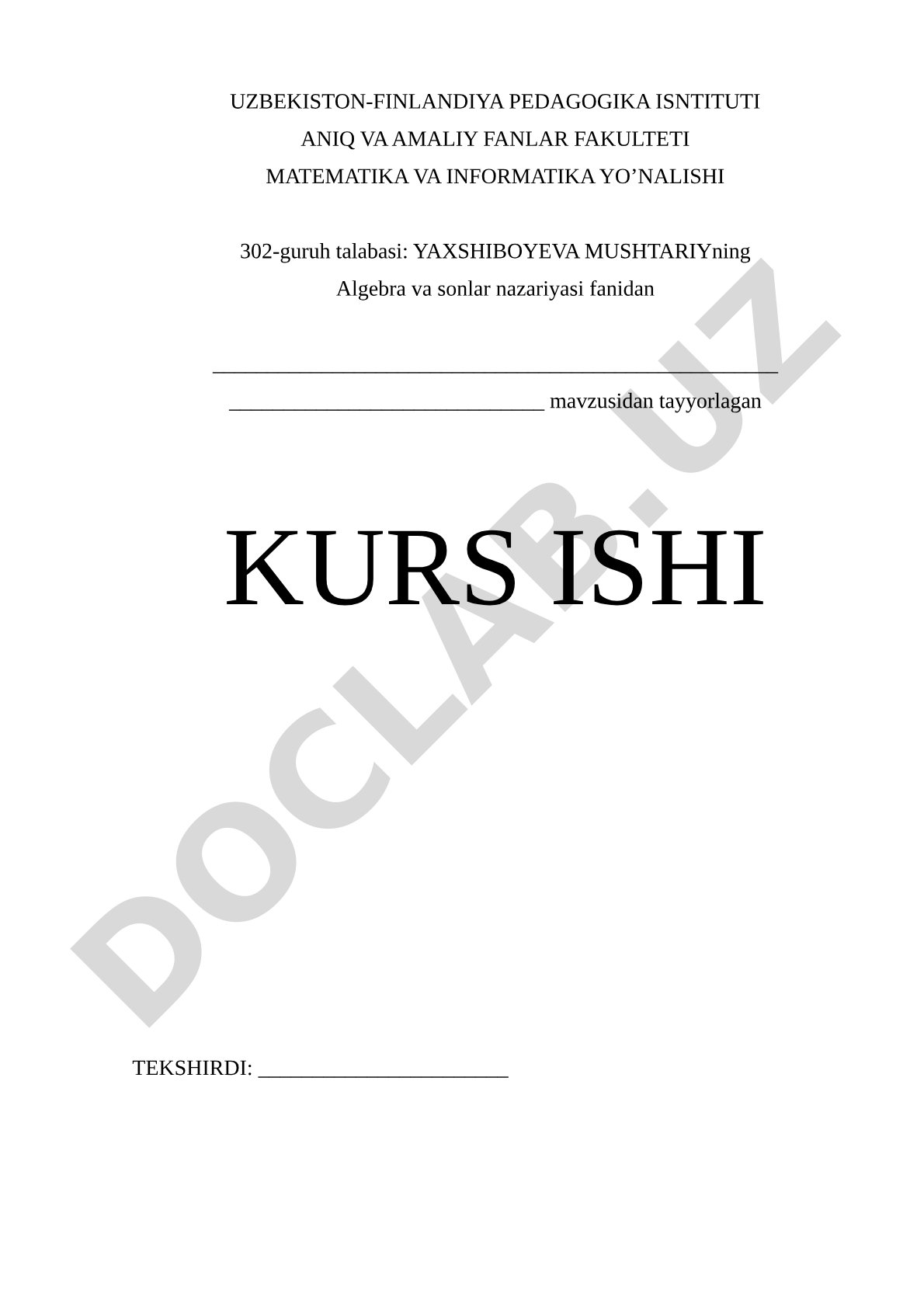 Algebra va sonlar nazariyasi fanidan kurs ishi