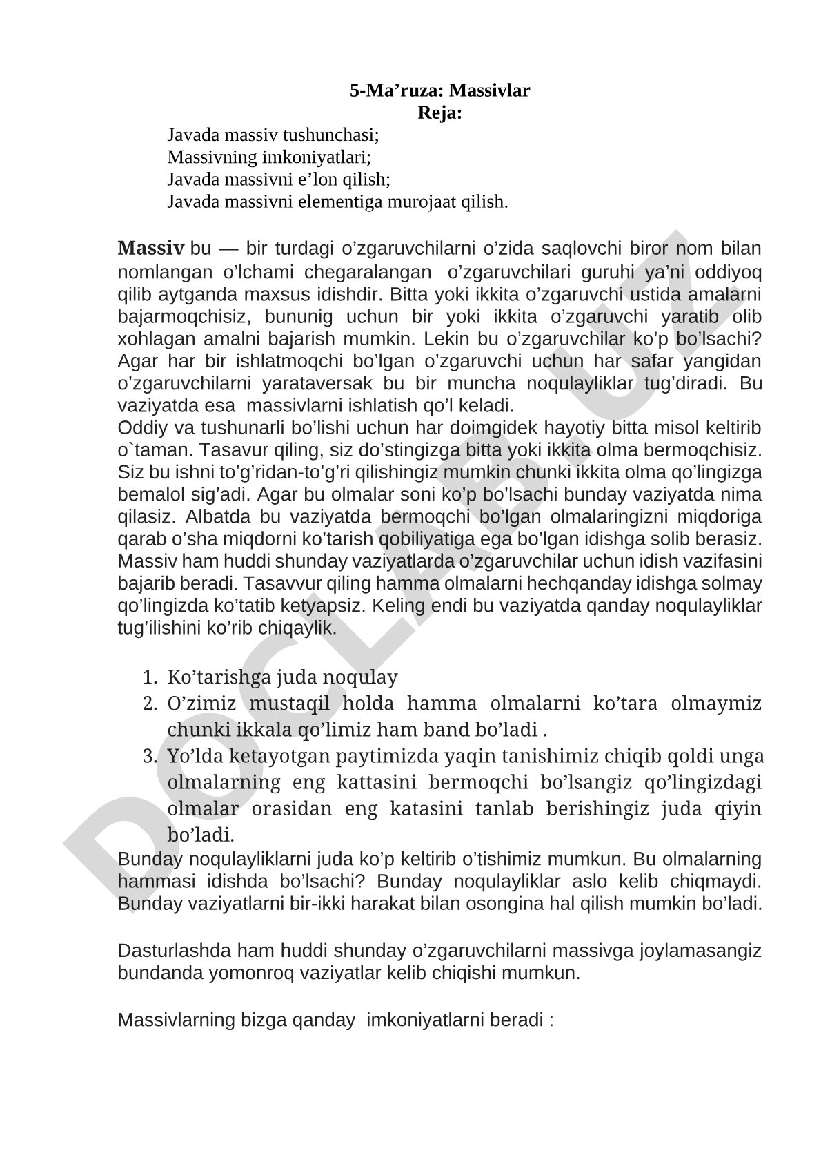 Java tilida massivlar: tushuncha, e'lon qilish va elementlarga murojaat qilish