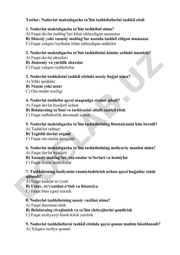 Nodavlat maktabgacha ta'lim tashkilotlarini tashkil etish testlari