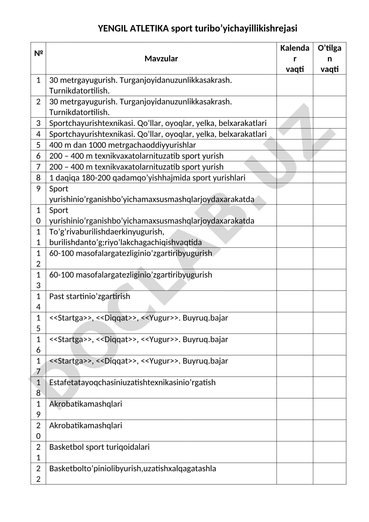 Yengil atletika sport turi bo'yicha yillik ish rejasi