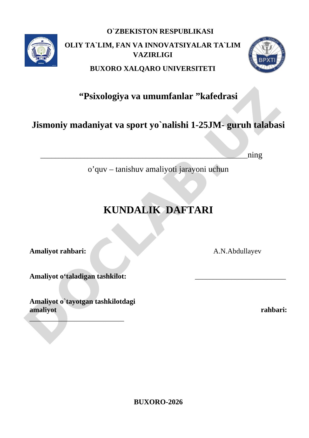 O'quv-tanishuv amaliyoti kundalik daftari