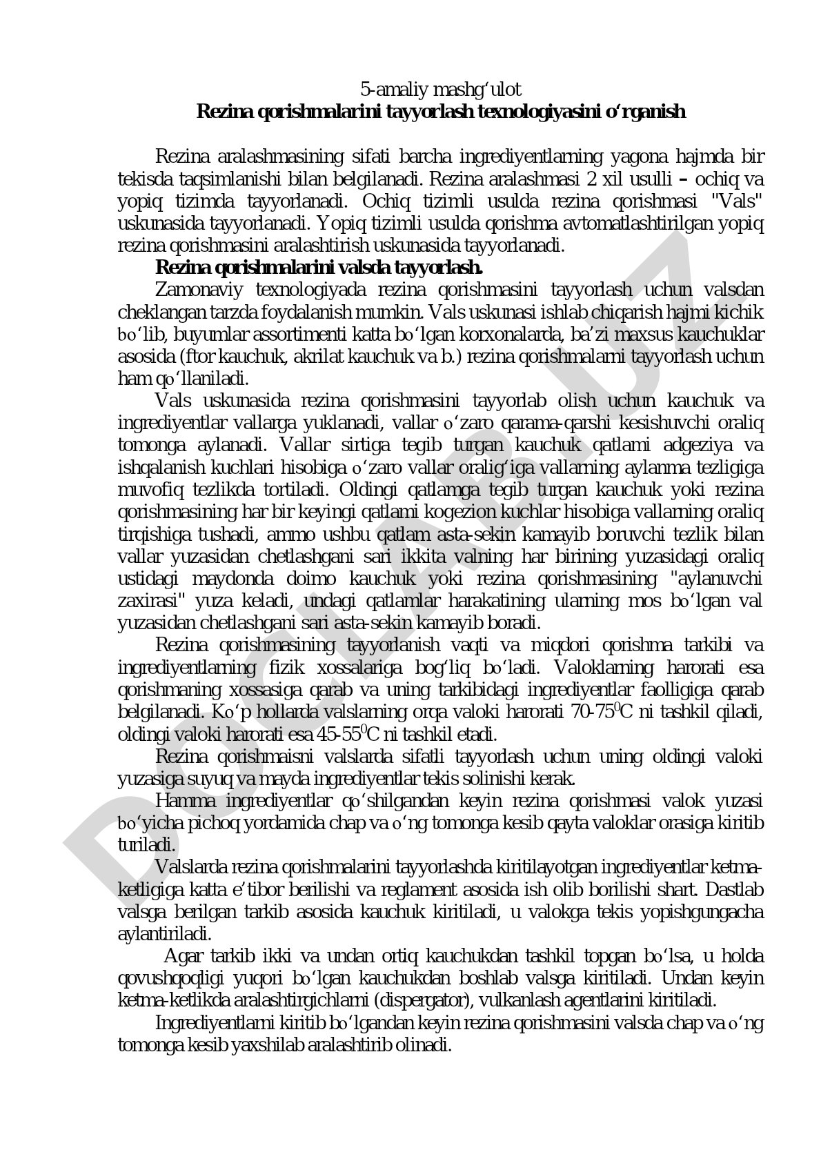Rezina qorishmalarini tayyorlash texnologiyasini o'rganish