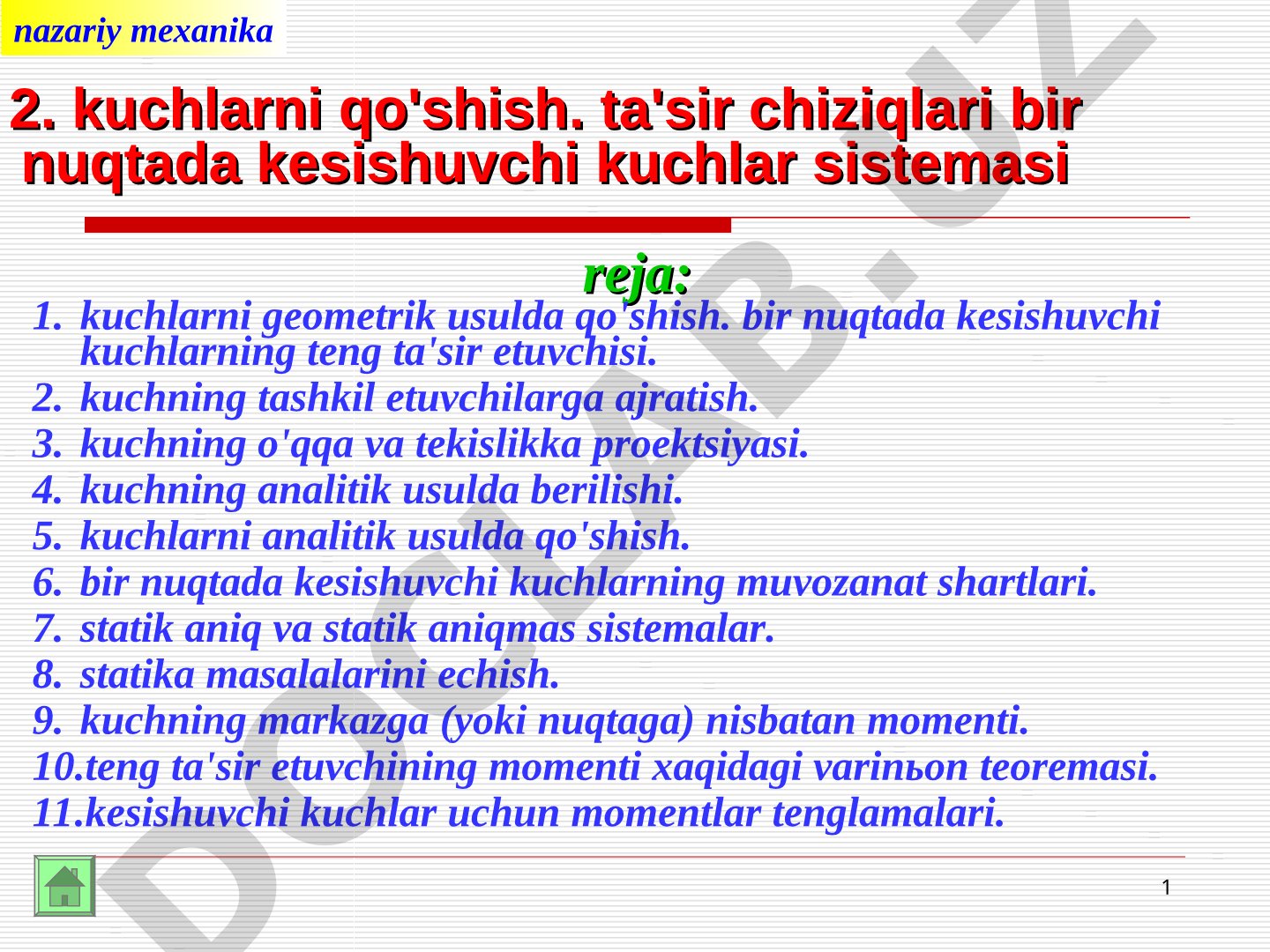 Kuchlarni qo'shish. Ta'sir chiziqlari bir nuqtada kesishuvchi kuchlar sistemasi