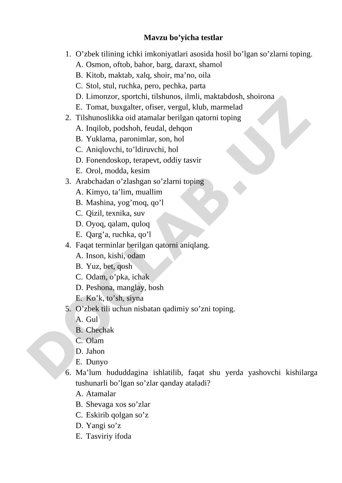 O'zbek tili leksikologiyasiga oid testlar